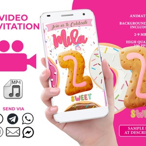 2 Sweet Birthday Invitation,2nd Birthday Animated Invitation, Personalized Video invitation for girl 2nd birthday, donuts and cookies