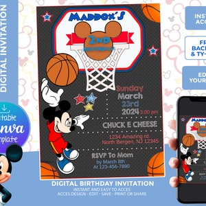 Mickey Basketball player Invitation,Sports birthday party,Digital Template, edit yourself, backside and thank your card included