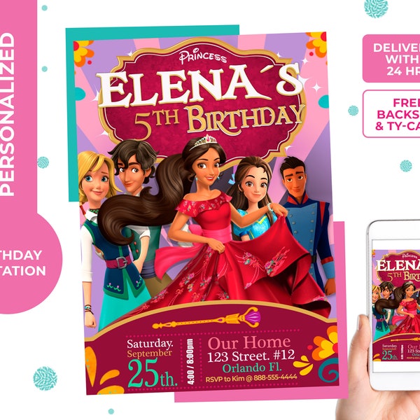 Elena of Avalor Invitation, girl birthday invitation,pink, digital, printable, personalized  free thank you card and backside included