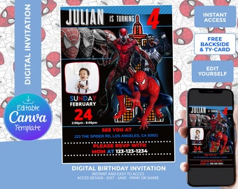 Venom & Spiderman Birthday Invitation,Digital Template, edit yourself, free backside and thank your card included