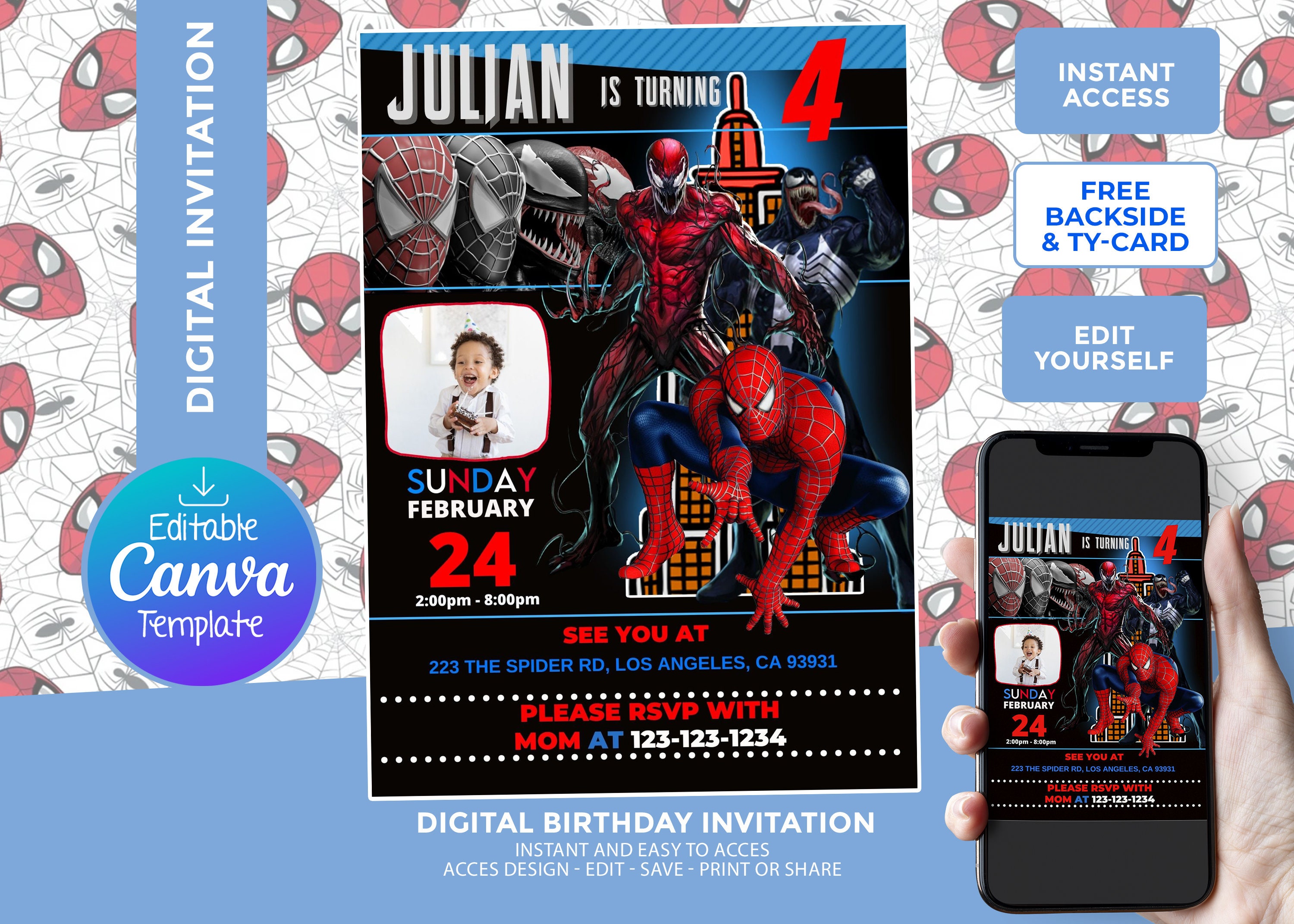 Editable Spiderman and Venom Birthday Invitation Template, edit yourself, free backside and thank your card included