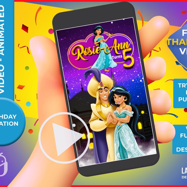 PRINCESS JASMINE Birthday Invitation, Aladdin Video Invitation, Animated, thank you video free included