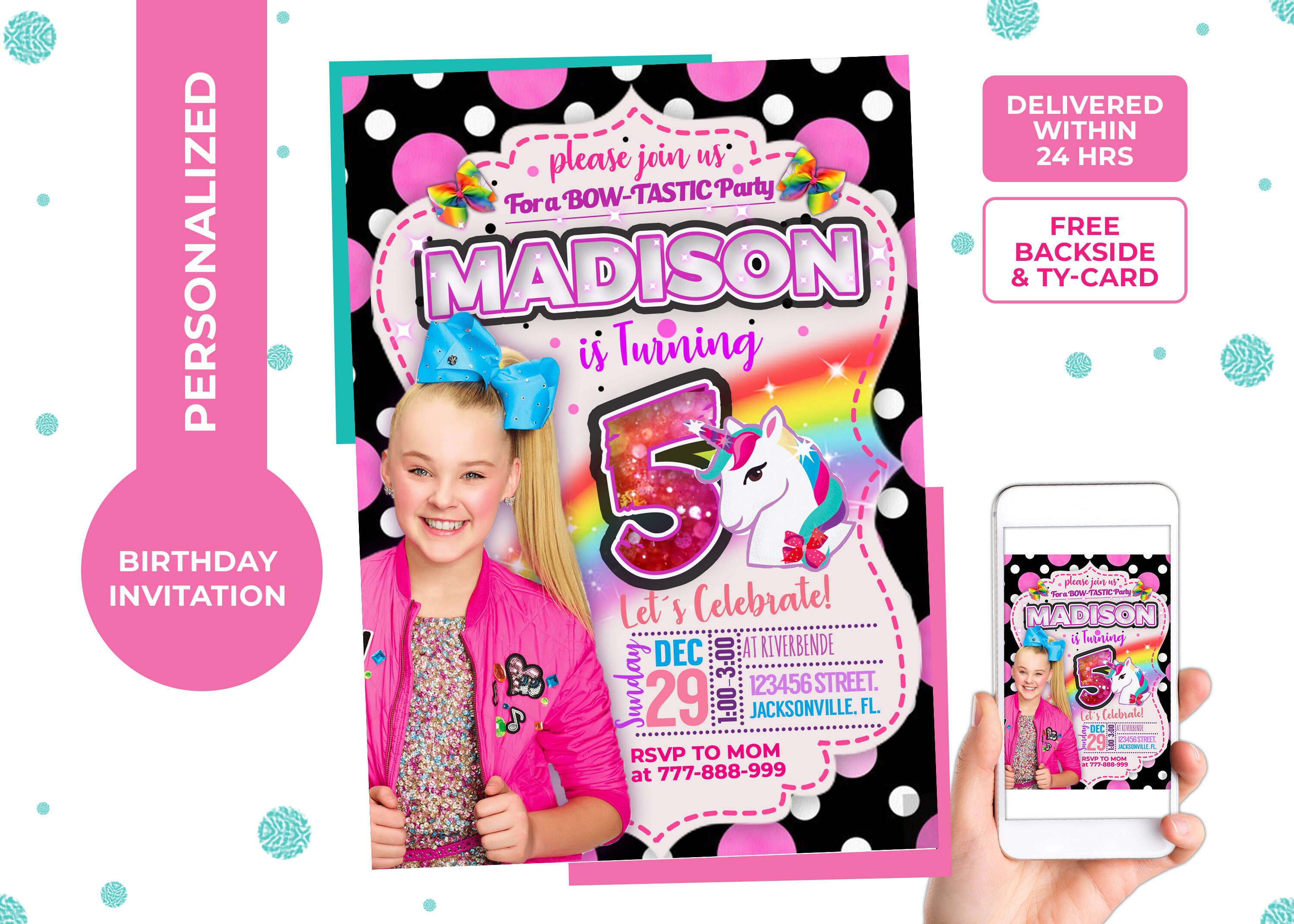 Jojo Siwa Invitation, girl birthday invite,purple, bow party girl, di…
