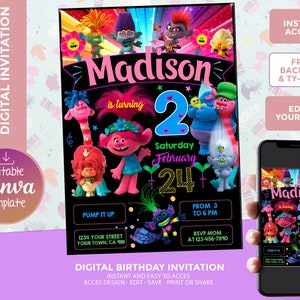 Trolls Birthday Invitation,  Digital Template, edit yourself, free backside and thank your card included