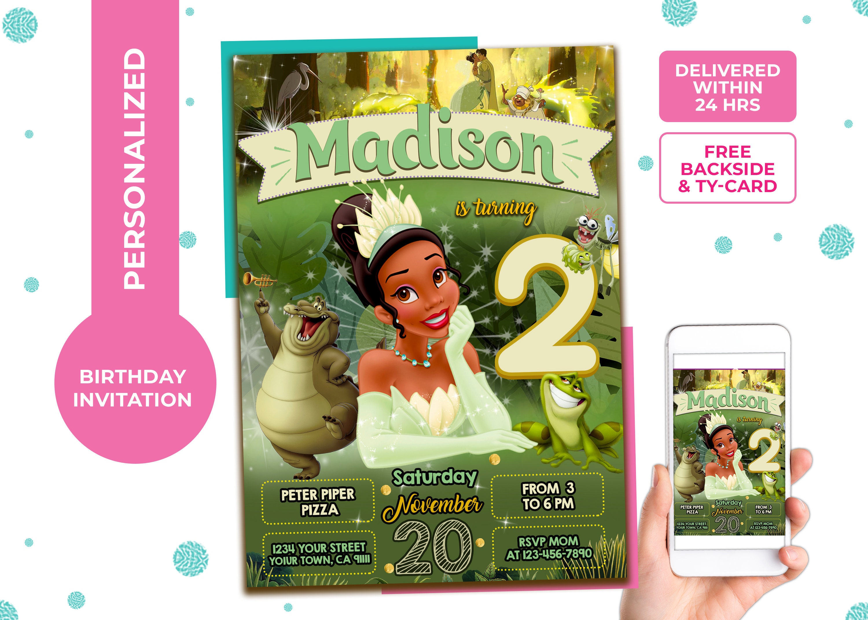 Princess Tiana Invitation Digital Template edit yourself free backside and thank your card included