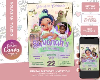 Baby Tiana Birthday Invitation, Digital Template, edit yourself, backside and thank your card included