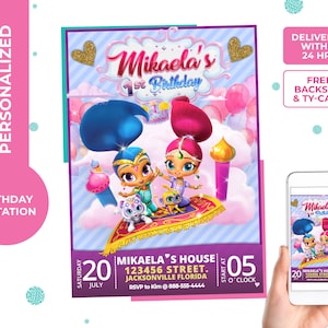 Shimmer And Shine Invitation, girl birthday invite,purple,digital, printable, personalized  free thank you card and backside