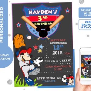 Mickey Baseball player Invitation,Sports birthday party,digital, printable, personalized  free thank you card and backside