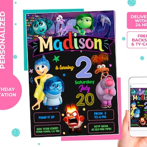 Inside Out Birthday Invitation, girl birthday invite,digital, printable, personalized  free thank you card and backside