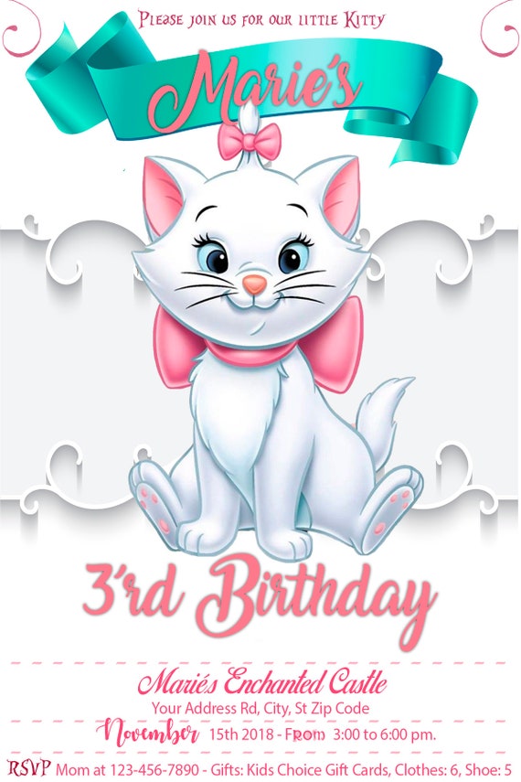 Marie Aristocats Invitation Marie Kitten Birthday Invitegirl Invitation Kids Party Celebration Backside And Thank You Card Free
