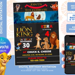 The Lion King Birthday Invitation, Digital Template, edit yourself, free backside and thank your card included