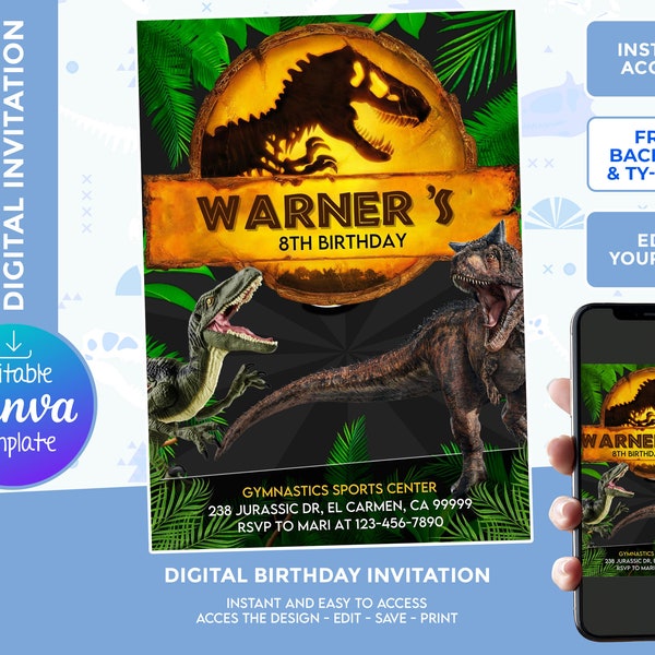 Dinosaurs Birthday Invitation, Digital Template, edit yourself, backside and thank your card included