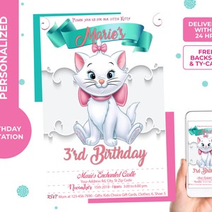 Marie Aristocats Invitation, Marie Kitten birthday invite,Girl Invitation, kids party celebration, backside and thank you card free