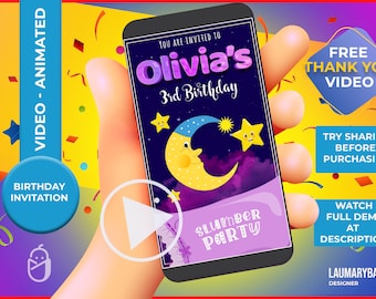 Slumber Party Birthday Invitation, Slumber Video Invitation, Animated, thank you video free included