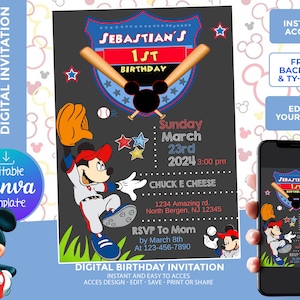 Mickey Baseball player Invitation,Sports birthday party Digital Template, edit yourself, free backside and thank your card included