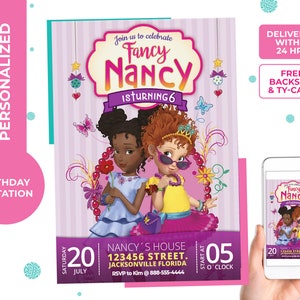 Fancy Nancy Birthday Invitation for girl celebration, digital, printable and personalized with thank you card and backside included