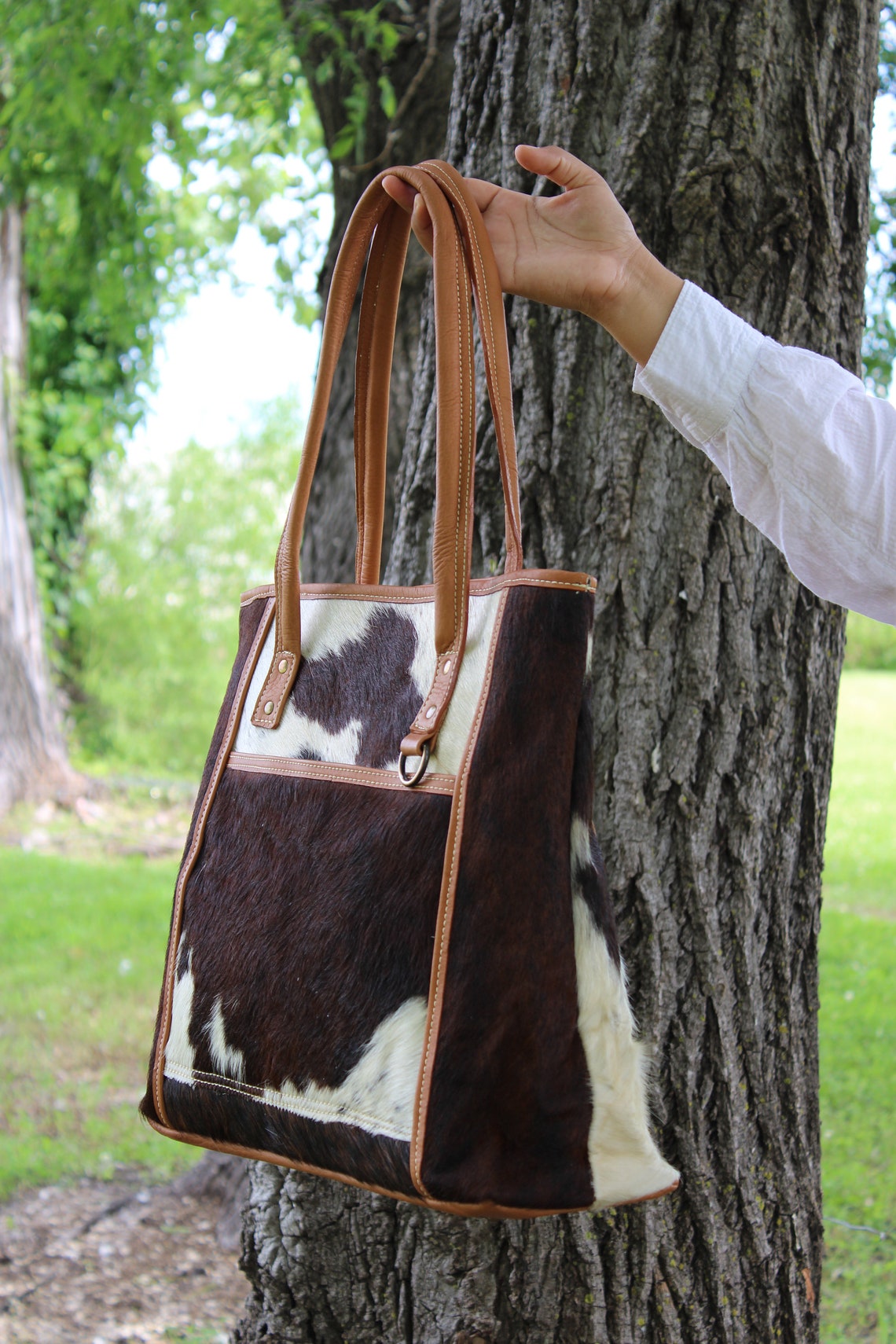 Cowhide Leather Bag Dark Brown Brindle Tote Bag 16 Etsy