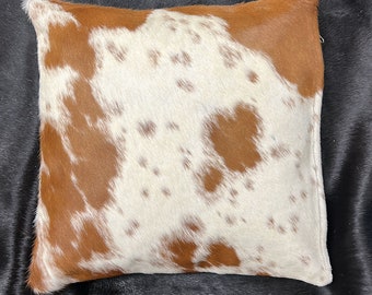 Funda de almohada de piel de vaca con motas marrones y blancas de 18" x 18" / Dorso de cuero con gotas marrones / Fundas de almohadas decorativas