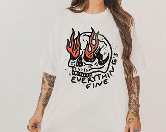 Everything's Fine Skull Graphic Tee: Distressed Flame Design
