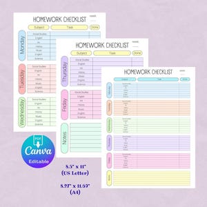 Puede incluir: Un conjunto de plantillas de listas de verificación de tareas en colores pastel. Cada lista incluye secciones para la materia, la tarea y una columna 'Hecho'. Las plantillas están etiquetadas para cada día de la semana, con espacio para notas. La imagen también incluye el texto "Canva Editable" y dimensiones.