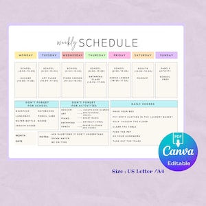 Peut inclure: Un modèle d'emploi du temps hebdomadaire avec des jours et des sections codés par couleur pour l'école, les activités et les tâches ménagères. Comprend un logo Canva et le texte : "Size: US Letter/A4 Editable".