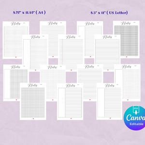 Pode incluir: Uma coleção de páginas de notas imprimíveis em vários formatos, incluindo pautado, pontilhado e quadriculado. As páginas estão disponíveis nos tamanhos A4 (21 cm x 29,7 cm) e US Letter (21,6 cm x 27,9 cm). Cada página tem a palavra "Notes" e um pequeno coração. O logotipo da Canva é visível.