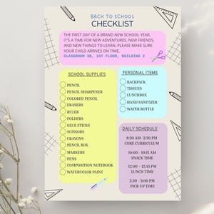 Back to School Checklist Printable | Kids School Supplies List | Editable School Planner | First Day of School