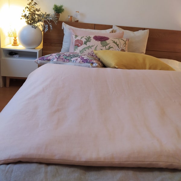 Housse d'édredon en pur lin lavé rose blush; housse pour jeté de lit ou canapé légère et thermorégulatrice, courtepointe rose de lit et sofa