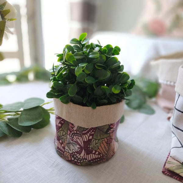 Cache-pot circulaire de décoration pour plante, panier rond en lin lavé et en tissu de créateur, motifs feuille fleur papillon et origami