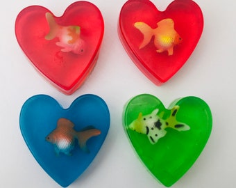 3x Unique Heart-Shaped Solid Soaps With Mini Fish Toy