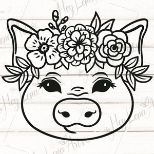 May include: Black and white line art illustration of a pig's face with a floral crown. The pig has large eyes and a small snout. The floral crown is made up of simple flowers and leaves.