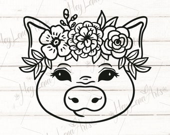 Floral Pig SVG: Farm Animal Wreath, Cricut Cut File (Digital Download)