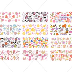 May include: A selection of repeating patterns in various themes. These include strawberries and butterflies, ghosts and skulls, lemons and flowers, and a teacher-themed design with the text "BEST TEACHER EVER".