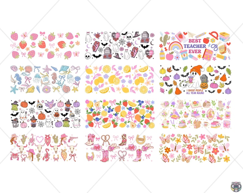 May include: A selection of repeating patterns in various themes. These include strawberries and butterflies, ghosts and skulls, lemons and flowers, and a teacher-themed design with the text "BEST TEACHER EVER".