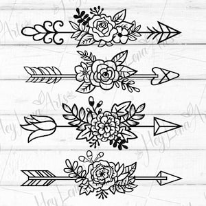 Puede incluir: Tres diseños de flechas florales en blanco y negro con diferentes arreglos florales y estilos de flechas. Las flechas apuntan hacia la derecha.