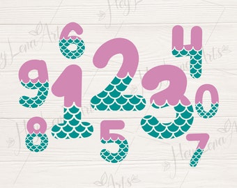 May include: A set of ten pink and teal numbers with a mermaid scale pattern. The numbers are 0, 1, 2, 3, 4, 5, 6, 7, 8, and 9.