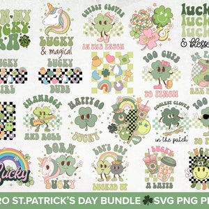 Retro St Patricks Day Png Bundle, St Patricks Svg, St Patty's Day Svg, Lucky Svg, Groovy Shamrock png, Retro Clover Svg, Lucky Vibes Png