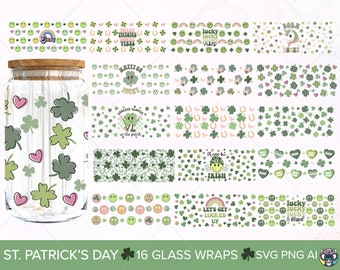 May include: A set of 16 printable St. Patrick's Day glass wraps featuring various designs with shamrocks, hearts, rainbows, and the text "Lucky" and "Let's Get Lucked Up".