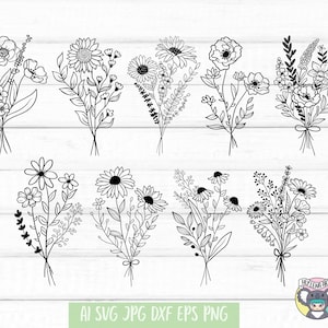 Pacchetto di bouquet svg, Bouquet svg, Bouquet di fiori SVG, Wildflower svg, Daisy svg, Wedding svg, Bride svg, File Svg per cricut