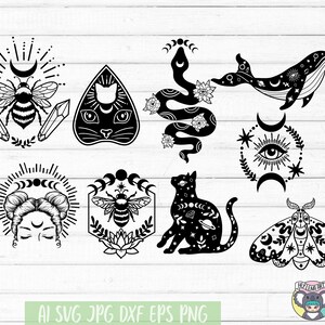 May include: A set of ten black and white illustrations featuring various mystical and celestial symbols, including a bee, a cat, a snake, a whale, a moth, and a crescent moon.