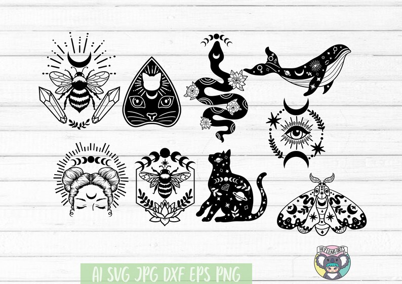 May include: A set of ten black and white illustrations featuring various mystical and celestial symbols, including a bee, a cat, a snake, a whale, a moth, and a crescent moon.