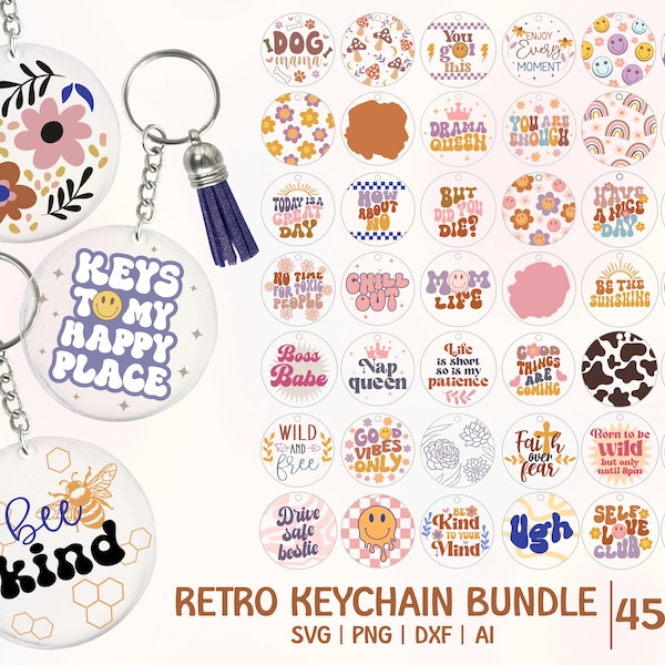 Retro Round Keychain Svg Bundle, Circle keychain svg, Acrylic Keychain Svg, Keychain patterns Svg, circle keychains, Round Pattern