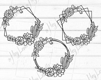 May include: Three black and white outline frames with a succulent and cactus floral design. The frames are a hexagon, a circle, and a square.