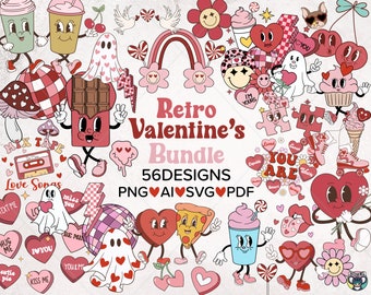 May include: A set of 56 retro Valentine's Day themed digital clip art designs. The designs feature hearts, rainbows, ghosts, candy, and other Valentine's Day imagery in a retro style. The designs are available in PNG, AI, SVG, and PDF formats.