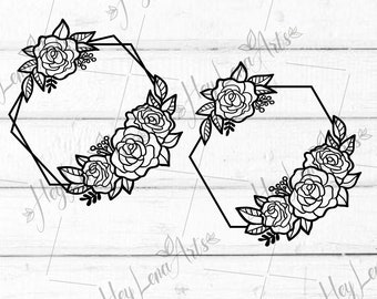 May include: Two black hexagonal frames with floral designs. Each frame is adorned with a cluster of roses and leaves.