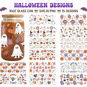 May include: A set of 15 Halloween-themed digital designs featuring ghosts, pumpkins, candy corn, bats, and skulls. The designs are ideal for creating custom tumblers, mugs, and other crafts.