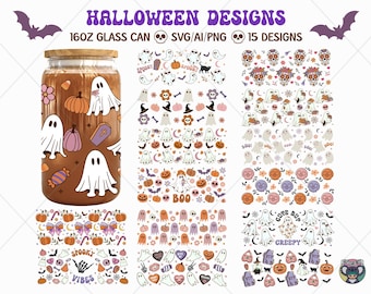 Halloween Glass Can Wrap SVG: 15 Designs for Libbey 16oz (Digital Download)