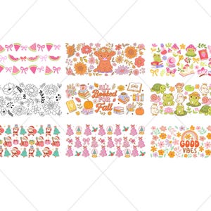 May include: A selection of vibrant digital illustrations with diverse themes. These include watermelon slices and bows, a cow amidst flowers, and a scene with frogs and books. Other designs feature Santa Claus, Christmas trees, and the text "Good Vibes".