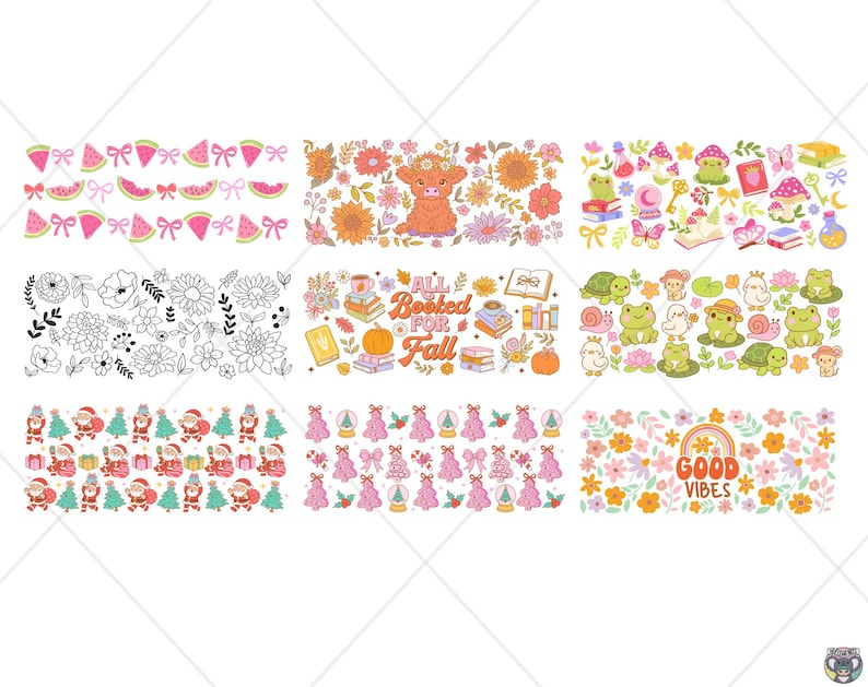 May include: A selection of vibrant digital illustrations with diverse themes. These include watermelon slices and bows, a cow amidst flowers, and a scene with frogs and books. Other designs feature Santa Claus, Christmas trees, and the text "Good Vibes".