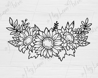 May include: Black and white line art illustration of a bouquet of sunflowers with leaves and stems. The sunflowers are arranged in a semi-circle shape.